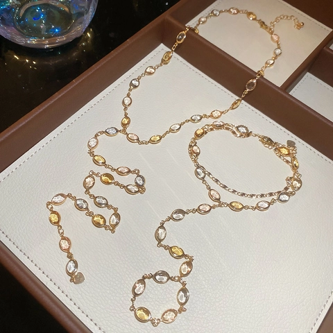 Elegant Gold Copper Y Necklace And Hand Chain With Ring Resin Oval Gemstone Jewelry For Women