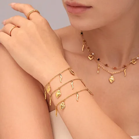 Stainless Steel Jewelry Set For Women Vintage Heart Horn Pendant Necklace Bracelet Natural Stone Artificial Pearl Inlaid