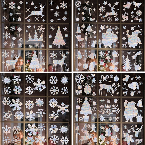 Autocollants Fenêtre Noël Holographiques Prisme Arc-En-Ciel Électrostatique Flocon De Neige Renne Arbre Décor