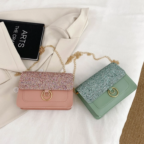 Bolso Bandolera Para Mujer De Lentejuelas Y Cuero PU Pequeño Bolso Cuadrado Con Cadena Dorada Y Hebilla De Aro Metálico Moderno