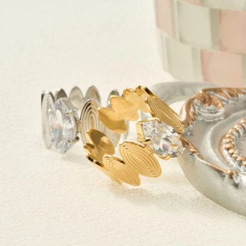 Marquise Zirkoon Open Ring 316L Roestvrij Staal Golftextuur 18K Verguld Vintage Verstelbare Sieraden Voor Dames