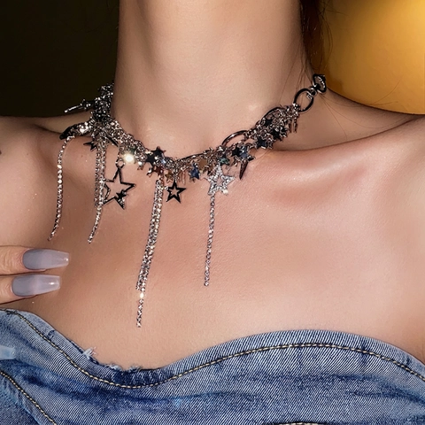 Collier Tassel Étoile En Alliage Strass Évidé Séquins Ras Du Cou Pour Femmes Mode Design De Niche Argent
