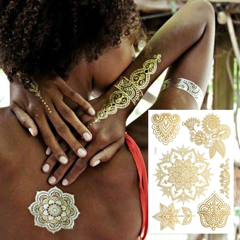 Metallic Temporary Tattoo Stickers Gold Rose Gold Henna Lace Mandala Bohemian Waterproof Body Art For Wedding Party