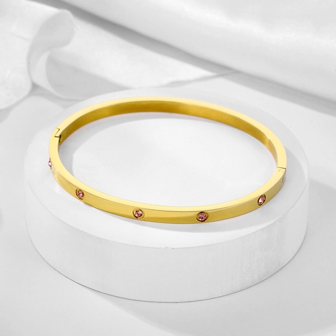 Stainless Steel Bangle Bracelet Colorful Cubic Zirconia Screw Motif Hinged Jewelry For Women Gold Plated