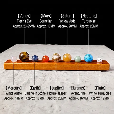 Solar System Planets Natural Crystal Sphere Set With Wooden Base Desktop Ornament Mineral Gemstones Model Science Education Decor