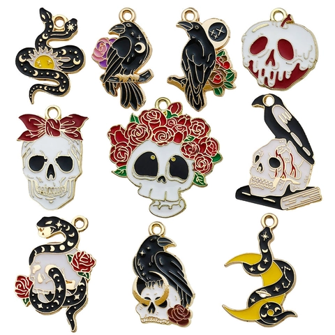 Gothic Halloween Enamel Alloy Charms Pendants Skull Snake Crow Rose Moon Sun For DIY Jewelry Making Necklaces Keychains