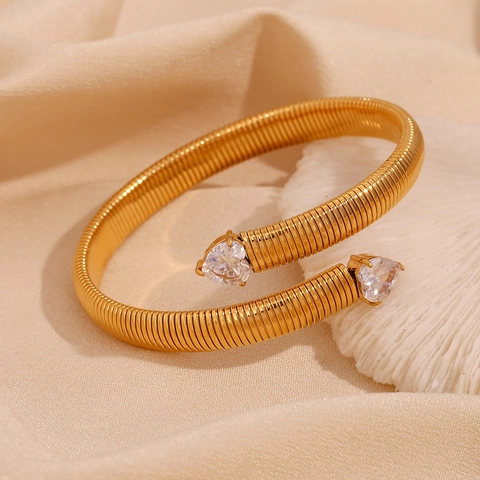 Open Armring Armband 18K Verguld Roestvrij Staal Tubogas Spiraal Geribbeld Hart Zirkoon Mode Sieraden Voor Dames