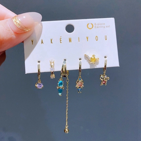 Copper Zircon Asymmetric Earrings Hoops And Studs Magic Lamp Cartoon Figure Fairy Tale Gold Plated Jewelry Women Earring Post