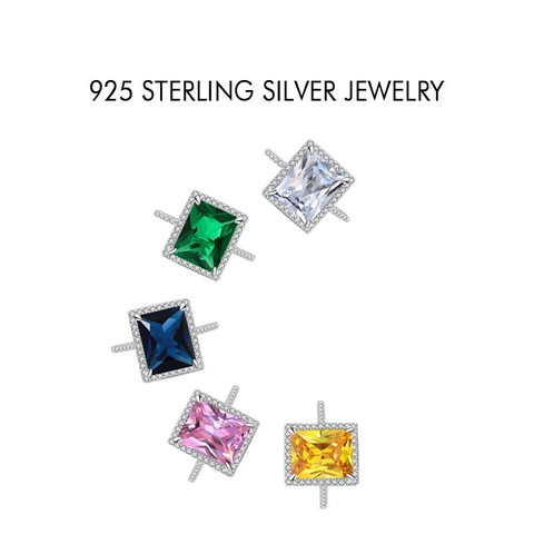925 Sterling Silver Ring Rectangle Cut Colored Gemstone Halo Vintage French Style Elegant Finger Jewelry For Women