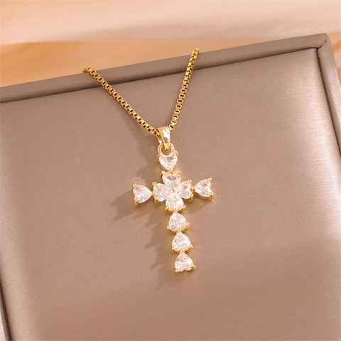Collana Con Pendente A Croce Di Cuore Placcata Oro Acciaio Inossidabile Zirconia A Forma Di Cuore Gioielli Di Moda Per Donna