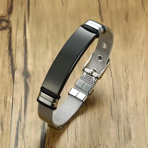 Minimalist Stainless Steel Mesh Bracelet For Men With Adjustable Buckle And Rectangular Plate Fashion Jewelry