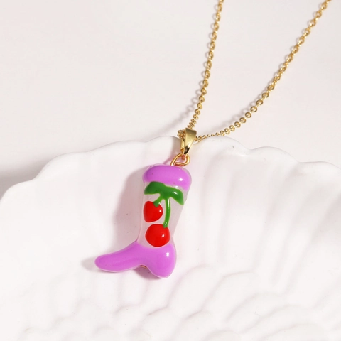 Collana Con Pendente A Stivale Viola Con Ciliegia Rossa Ottone Placcato Oro Smalto Gioielli Frutta Per Donne