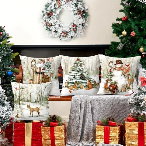 Kussenslopen Kerst Polyester Linnen Look Cartoon Kerstman Sneeuwpop Rendier Patroon Feestdagen Woondecoratie Kussenhoezen