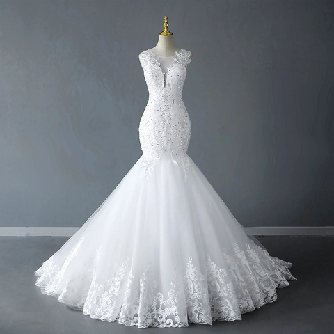 Abito Da Sposa Sirena Elegante Applique In Pizzo Scollo A V Profondo Paillettes Tulle Rete Matrimonio