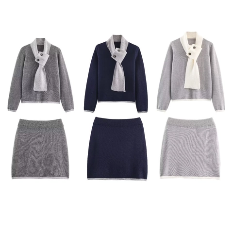 Women Knitted Long Sleeve Sweater And Mini Skirt Elegant Top and Skirt Contrast Color Scarf Collar Minimalist Outfits