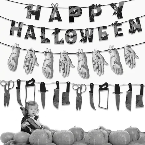 Halloween Decoration Banner Bloody Tools And Hands Paper Pull Flag Horror Haunted House Party Prop Decorative