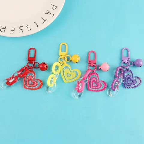 Creative Heart Bell Keychain Pendant Acrylic Chain Bag Charm For Couples Women Girls Colorful Glitter Heart Keychain Decoration