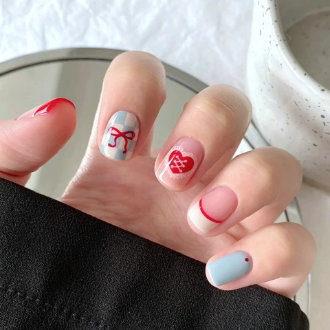 Short Square Press On Nails French Blue Checkerboard Red Heart Bow Knot Sweet Cute Artificial Nails