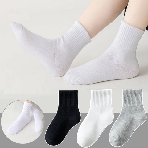 Childrens Socks Knitted Cotton Blended Breathable Sweat Absorbent School Sports Daily Solid Color Ribbed Boys Girls