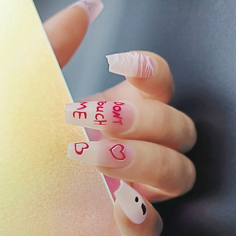 Press On Nails Long Coffin Fake Nails Red Heart Ghost Print Letter Design Glossy Artificial Nails For Women