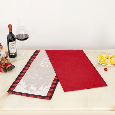 Kerst Tafelloper Feestelijke Tafeldecoratie Rood Zwart Geruit Rendier Sneeuwvlok Print Polyester Linnenlook