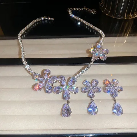 Luxus Blumen Zirkon Halskette Ohrring Set Mit 925 Sterling Silber Ohrstecker Kupfer Eleganter Hochwertiger Schmuck Damen
