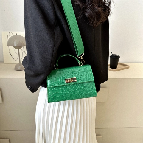 Women Crocodile Pattern Shoulder Bag PU Leather Retro Square Handbag Wide Fabric Strap Golden Metal Lock
