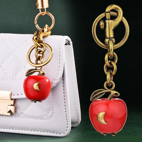 Portachiavi Mela Rossa Retro Ciondolo Borsa Lega Bronzo Antico Chiusura Moschettone Pendente Foglia Accessorio Carino