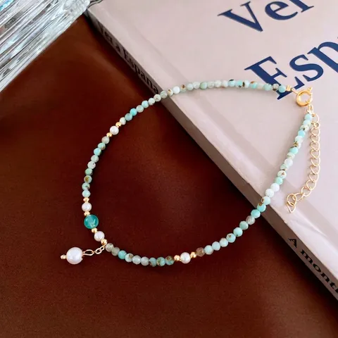 Amazonite Beaded Anklet With Artificial Pearl Pendant Copper Adjustable Chain Handmade Vintage Minimalist Jewelry For Women