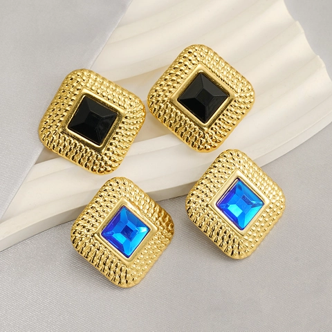 Square Stud Earrings 18K Gold Plated Stainless Steel With Blue Black Rhinestone Geometric Vintage Style For Women