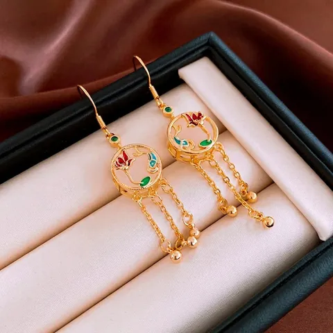 Orecchini Stile Cinese Fiore Smalto Nappa Rame Zircone Con Perno In Acciaio Retro Palazzo Eleganti Donna