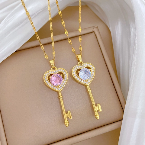Collar Colgante Llave Corazón Elegante Lujo Cadena Acero Inoxidable Cobre Circón Incrustado Joyería Romántica Para Mujeres