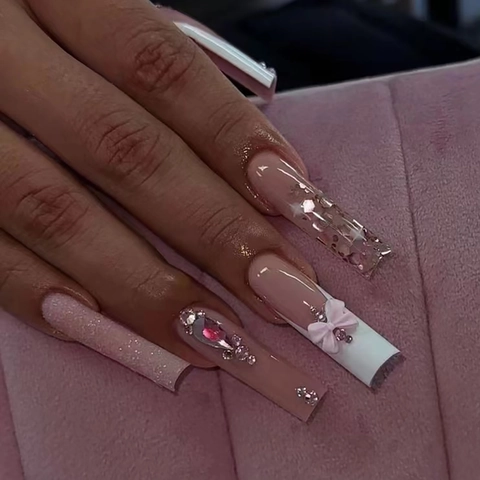 Lange Coffin Kunstnagels Frans Roze Met 3D Strik Steentjes Glitter Elegante Valse Nagels Voor Vrouwen