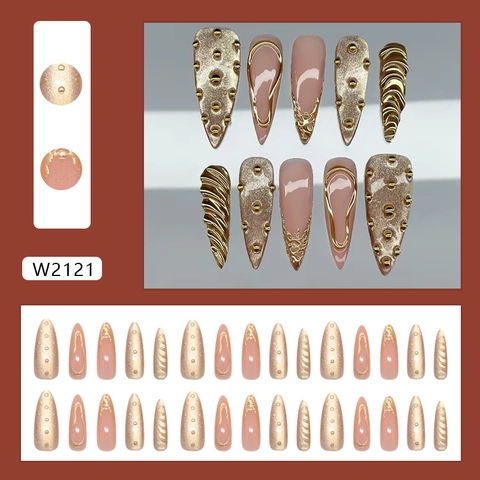 Press On Nails Lang Mandel Stiletto 3D Katzenauge Goldene Sonnenuntergang Pink Champagner Französisch Ins Stil Abnehmbar Damen