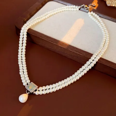 Collana Di Künstliche Perle Di Conchiglia A Doppio Strato Con Pendente A Goccia D'Acqua Zircone Quadrato Rame Gioielli Eleganti Vintage Francese Donne