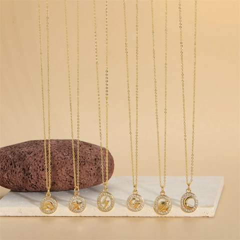 French Retro Minimalist Star Moon Planet Lightning Rainbow Pendant Necklace Gold Plated Copper Zirconia Clavicle Chain Jewelry