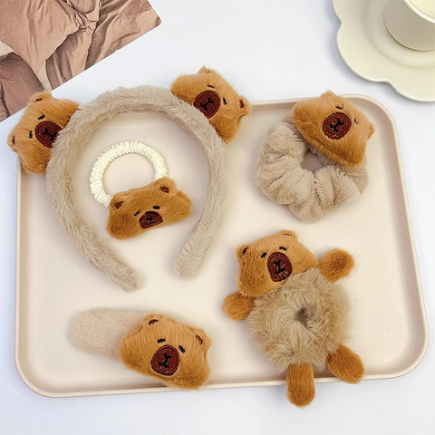 Cute Cartoon Capybara Bear Plush Hair Accessories Soft Headband Scrunchies Hair Clips For Women Girls