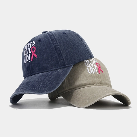 Casquette De Baseball En Coton Lavé Broderie Lettre Never Give Up Ruban Rose Vintage Ajustable Chapeau De Soleil