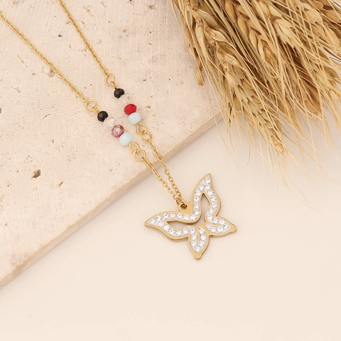 Edelstahl Anhänger Halskette Mit Bunten Polymer Ton Perlen Und Strass Schmetterling Herz Hamsa Kreuz Für Damen