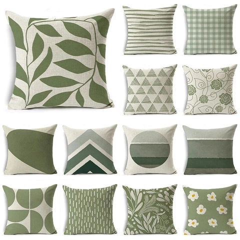 Dekorative Kissenhülle Grünes Blatt Geometrischer Druck Moderner Nordischer Stil Leinenmischung Quadratischer Kissenbezug Sofa