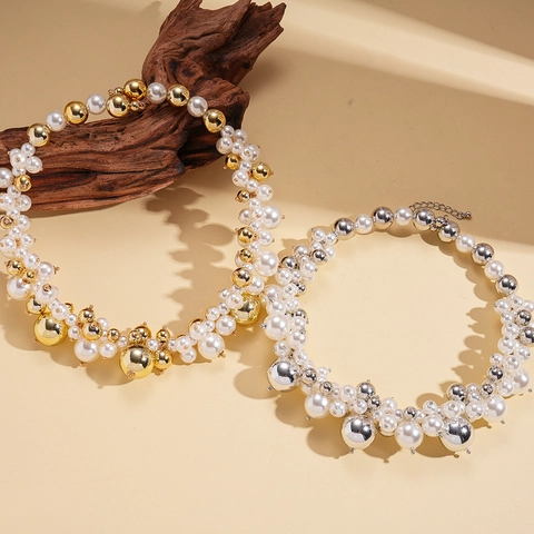 Barock Imitation Künstliche Perle Und Kupfer Künstliche Perle Klobige Halskette Elegante Retro Mode Schlüsselbeinkette Für Frauen