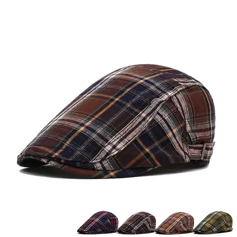 Britse Geruite Platte Pet Voor Heren Verstelbare Vintage Newsboy Baret Ademend Katoen Casual Zonnekap