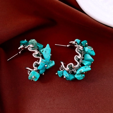 Pendientes De Aro En Forma De C Bohemios Vintage Con Piedra Turquesa Irregular Y Poste De Plata Para Mujer Estilo Étnico