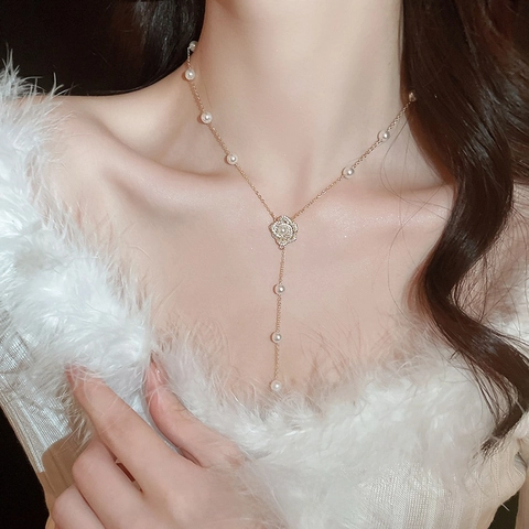 Bloemenhanger Ketting Koper Zirkoon Imitatieparel Elegante Y-Vorm Lange Ketting Dagelijkse Sieraden Accessoires Voor Dames