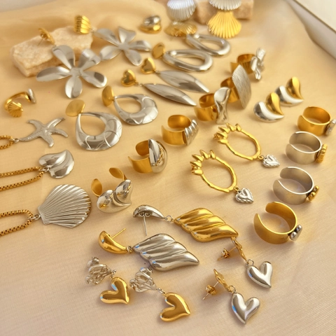 Stainless Steel Two Tone Gold Silver Heart Shell Starfish Ring Necklace Earrings Brooch Jewelry