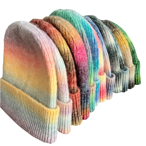 Berretto a Maglia Sfumato Tie-Dye da Donna Cappello di Lana Caldo Ispessito Color Arcobaleno Invernale per Esterni