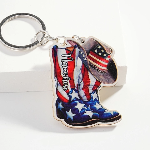 Porte-clés Botte De Cowboy Chapeau En Bois Drapeau Américain Étoiles Rayures Style Western Accessoire De Sac