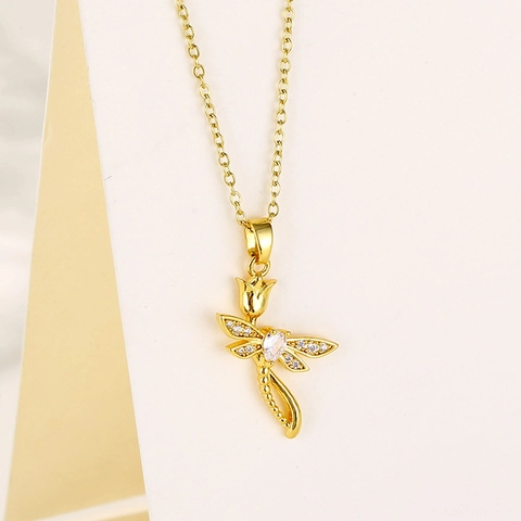 Collana Pendente Libellula Tulipano Acciaio Inossidabile Zircone Elegante Stile Foresta Catena Da Clavicola Per Donne