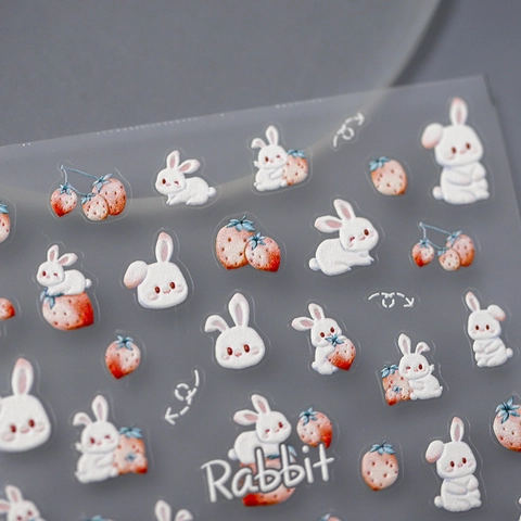Autocollants Nail Art En Relief Auto Adhésif Mince Dessin Animé Lapin Fraise Style Japonais Décoration De Manucure DIY Pour Femmes