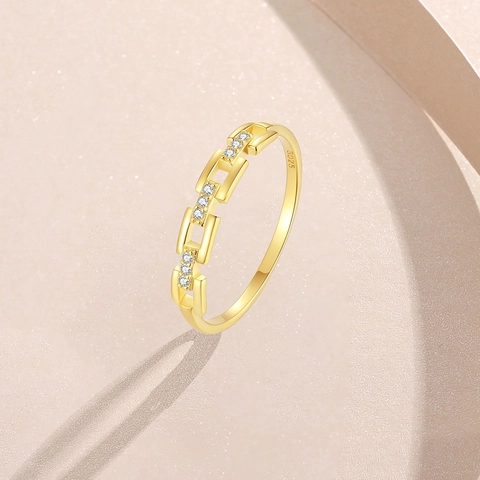 S925 Sterlingsilber Vergoldet Kettenring Für Damen Minimalistisch Mikro-Pavé Strass Mode Geometrischer Fingerring Schmuck